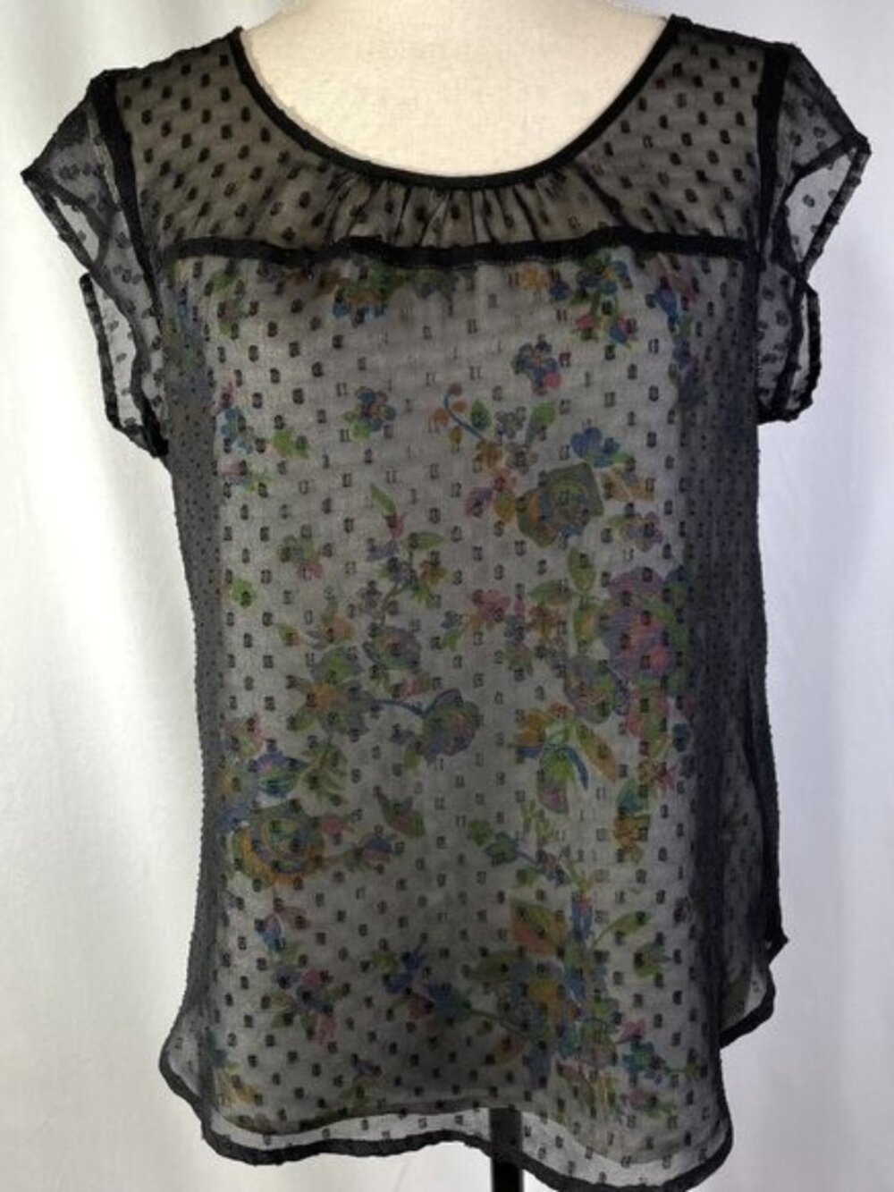 Daniel Rainn Short Sleeve Top Blouse Floral Sheer Polka Dot Overlay Size M
